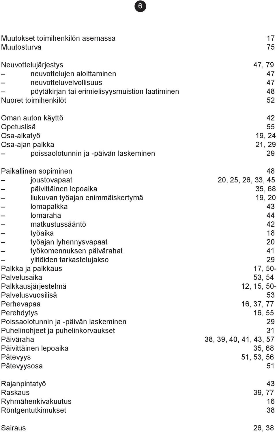 päivittäinen lepoaika 35, 68 liukuvan työajan enimmäiskertymä 19, 20 lomapalkka 43 lomaraha 44 matkustussääntö 42 työaika 18 työajan lyhennysvapaat 20 työkomennuksen päivärahat 41 ylitöiden