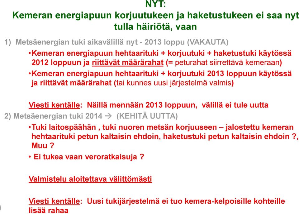 uusi järjestelmä valmis) Viesti kentälle: Näillä mennään 2013 loppuun, välillä ei tule uutta 2) Metsäenergian tuki 2014 (KEHITÄ UUTTA) Tuki laitospäähän, tuki nuoren metsän korjuuseen jalostettu