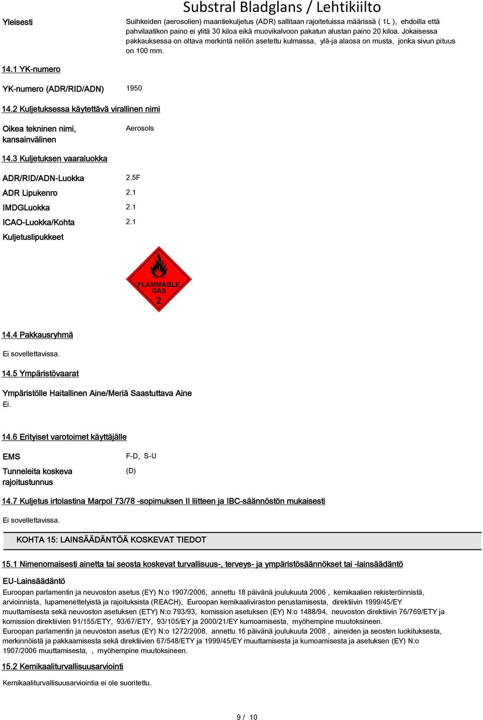 1 YK-numero YK-numero (ADR/RID/ADN) 1950 14.2 Kuljetuksessa käytettävä virallinen nimi Oikea tekninen nimi, kansainvälinen Aerosols 14.3 Kuljetuksen vaaraluokka ADR/RID/ADN-Luokka 2.