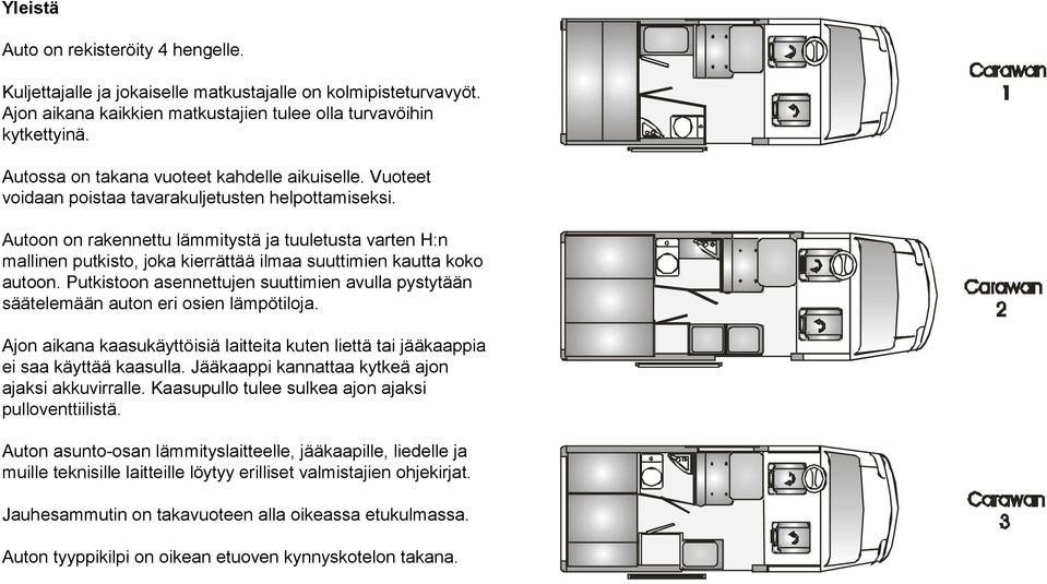 Autoon on rakennettu lämmitystä ja tuuletusta varten H:n mallinen putkisto, joka kierrättää ilmaa suuttimien kautta koko autoon.