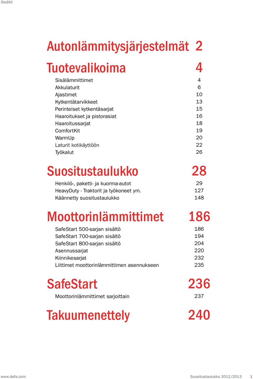 Käännetty suositustaulukko 2 4 4 6 10 13 15 16 18 19 20 22 26 28 29 127 148 Moottorinlämmittimet SafeStart 500-sarjan sisältö SafeStart 700-sarjan sisältö SafeStart 800-sarjan