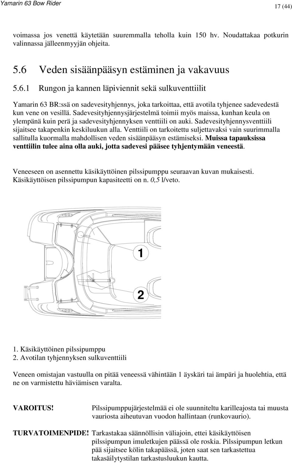 1 Rungon ja kannen läpiviennit sekä sulkuventtiilit Yamarin 63 BR:ssä on sadevesityhjennys, joka tarkoittaa, että avotila tyhjenee sadevedestä kun vene on vesillä.