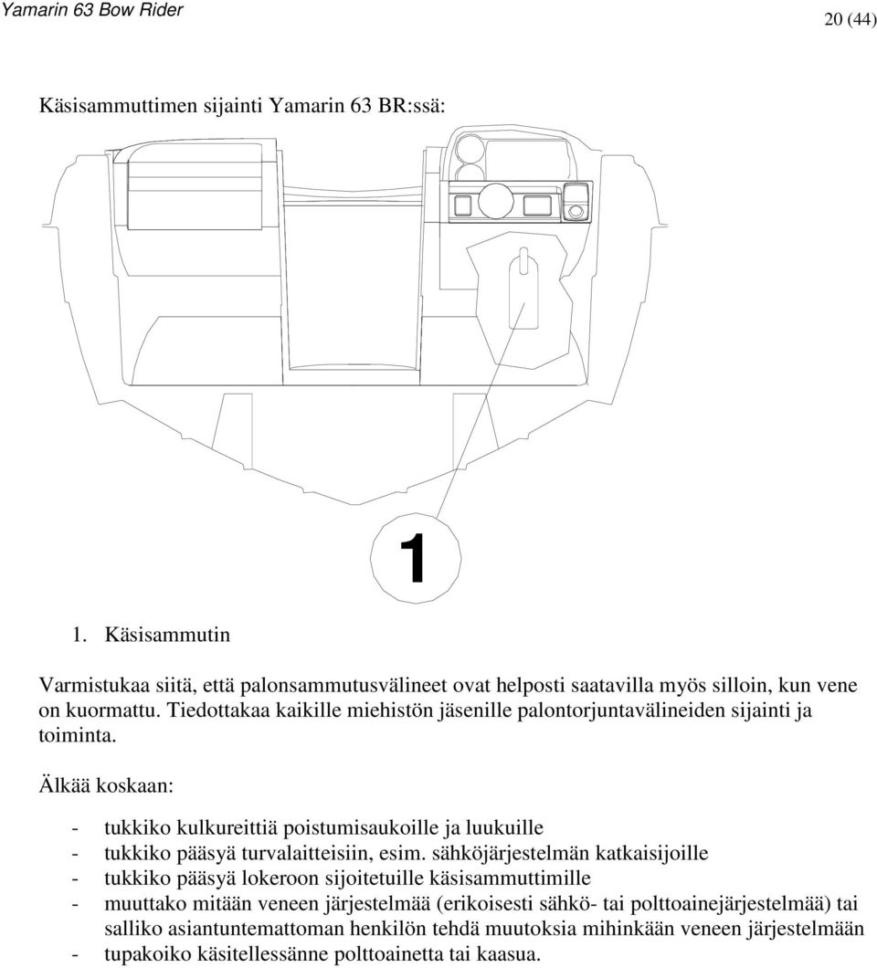 Tiedottakaa kaikille miehistön jäsenille palontorjuntavälineiden sijainti ja toiminta.