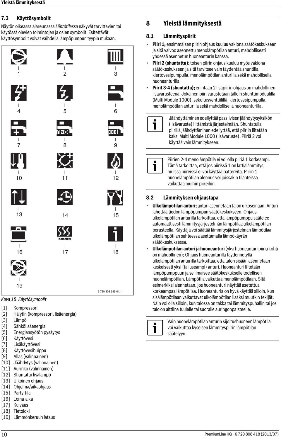 1 Lämmityspiirit Piiri 1; ensimmäisen piirin ohjaus kuuluu vakiona säätökeskukseen ja sitä valvoo asennettu menolämpötilan anturi, mahdollisesti yhdessä asennetun huoneanturin kanssa.