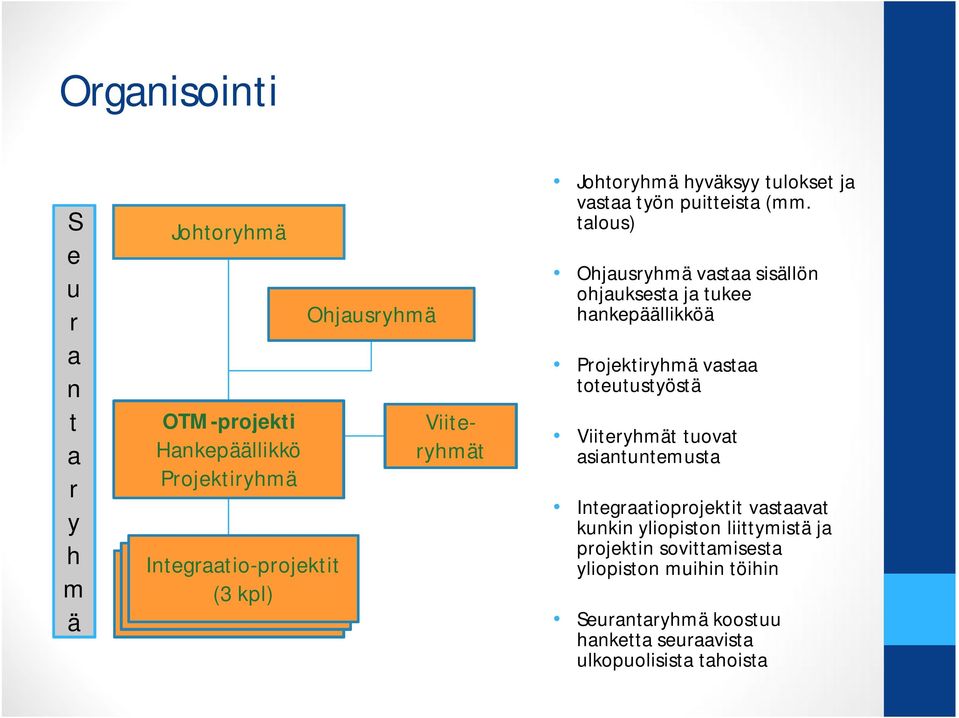 talous) Ohjausryhmä vastaa sisällön ohjauksesta ja tukee hankepäällikköä Projektiryhmä vastaa toteutustyöstä Viiteryhmät tuovat