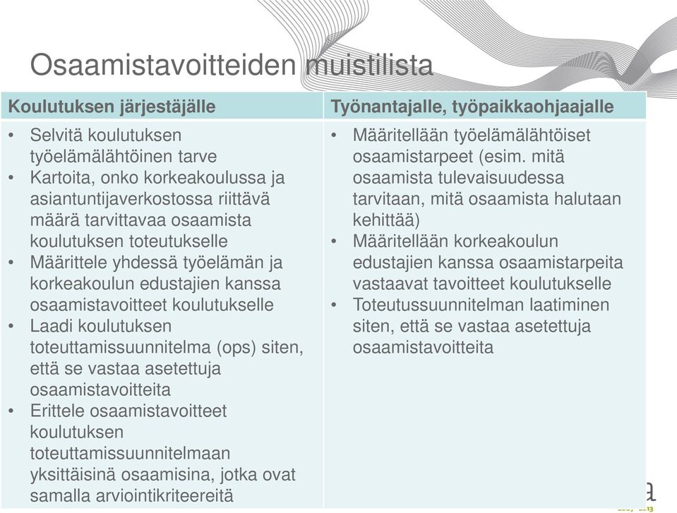 että se vastaa asetettuja osaamistavoitteita Erittele osaamistavoitteet koulutuksen toteuttamissuunnitelmaan yksittäisinä osaamisina, jotka ovat samalla arviointikriteereitä Työnantajalle,