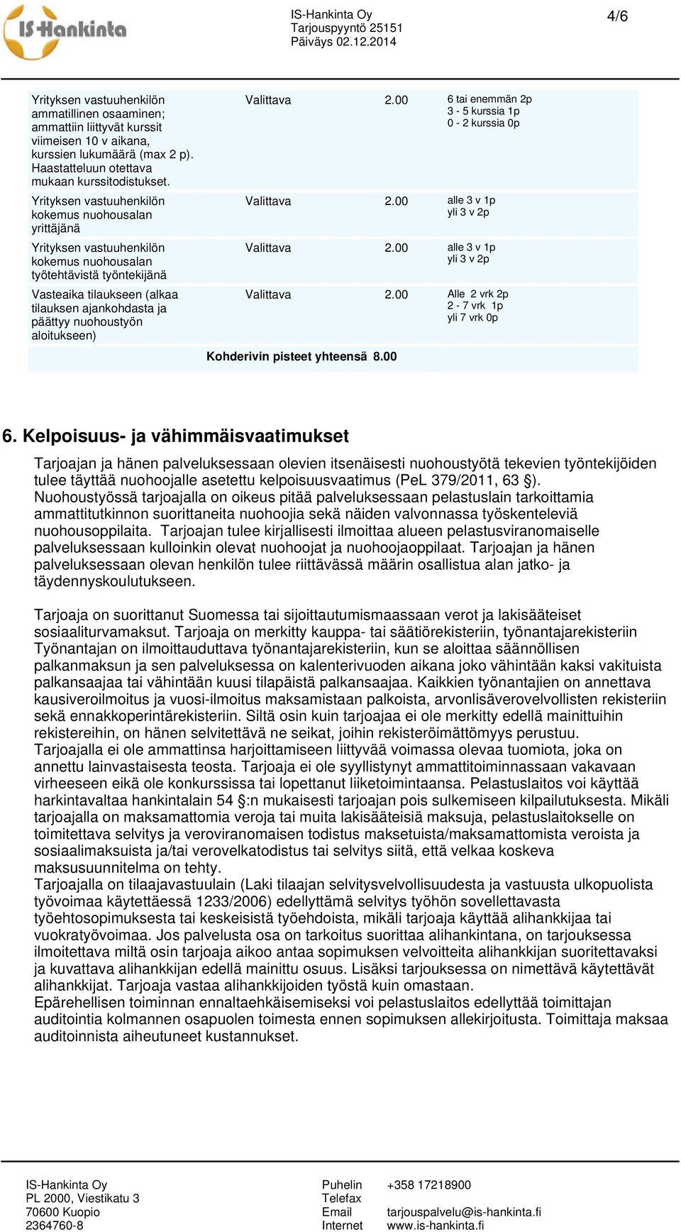 nuohoustyön aloitukseen) Valittava 2.00 6 tai enemmän 2p 3-5 kurssia 1p 0-2 kurssia 0p Valittava 2.00 alle 3 v 1p yli 3 v 2p Valittava 2.