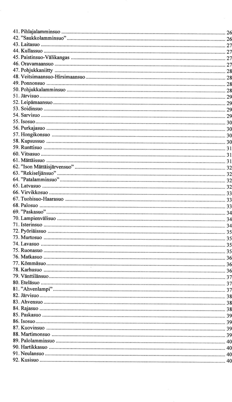 62 "Ison Mättäisjärvensuo" 32 63 "Rekiseljänsuo" 32 64 "Patalamminsuo" 32 65 Latvasuo 32 66 Virvikkosuo 33 67 Tuohisuo-Haarasuo 33 68 Palosuo 33 69 "Paskasuo" 34 70 Lampienvälisuo 34 71 Isterinsuo 34