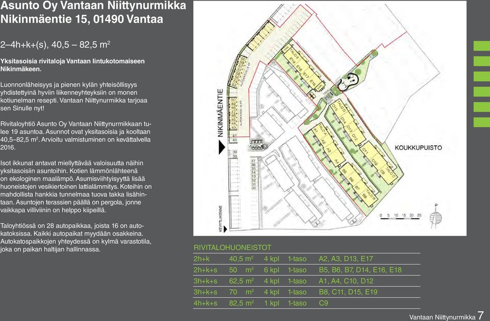 Rivitaloyhtiö Asunto Oy Vantaan Niittynurmikkaan tulee 19 asuntoa. Asunnot ovat yksitasoisia ja kooltaan 40,5 82,5 m 2. Arvioitu valmistuminen on kevättalvella 2016.