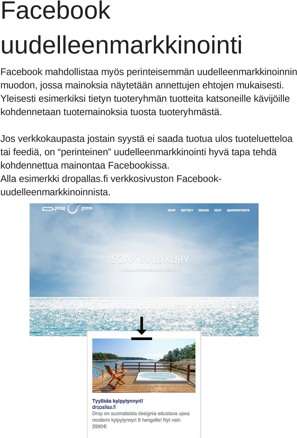 Yleisesti esimerkiksi tietyn tuoteryhmän tuotteita katsoneille kävijöille kohdennetaan tuotemainoksia tuosta tuoteryhmästä.