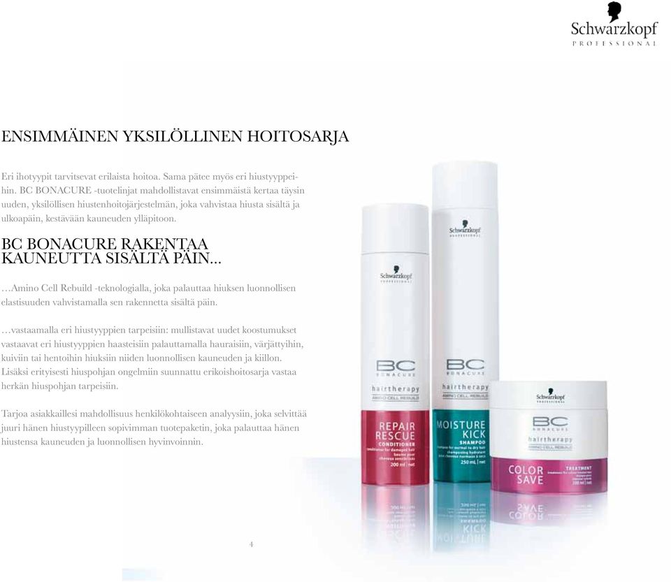BC BONACURE RAKENTAA KAUNEUTTA SISÄLTÄ PÄIN... Amino Cell Rebuild -teknologialla, joka palauttaa hiuksen luonnollisen elastisuuden vahvistamalla sen rakennetta sisältä päin.