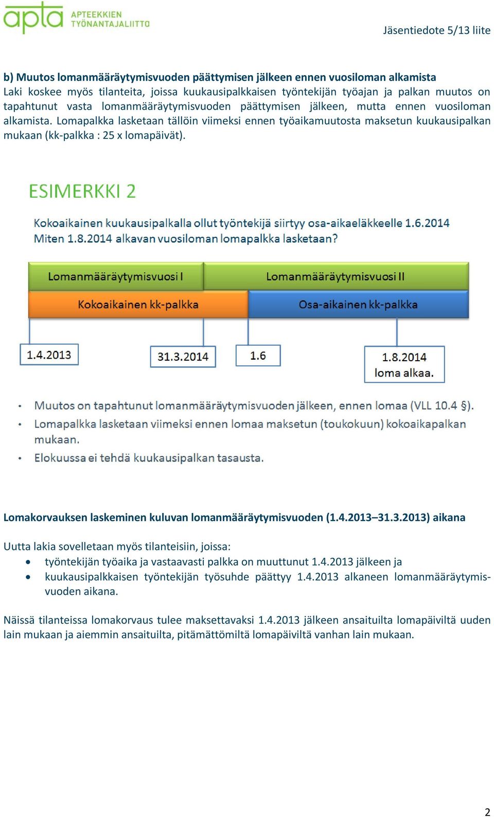 Lomakorvauksen laskeminen kuluvan lomanmääräytymisvuoden (1.4.2013 31.3.2013) aikana Uutta lakia sovelletaan myös tilanteisiin, joissa: työntekijän työaika ja vastaavasti palkka on muuttunut 1.4.2013 jälkeen ja kuukausipalkkaisen työntekijän työsuhde päättyy 1.