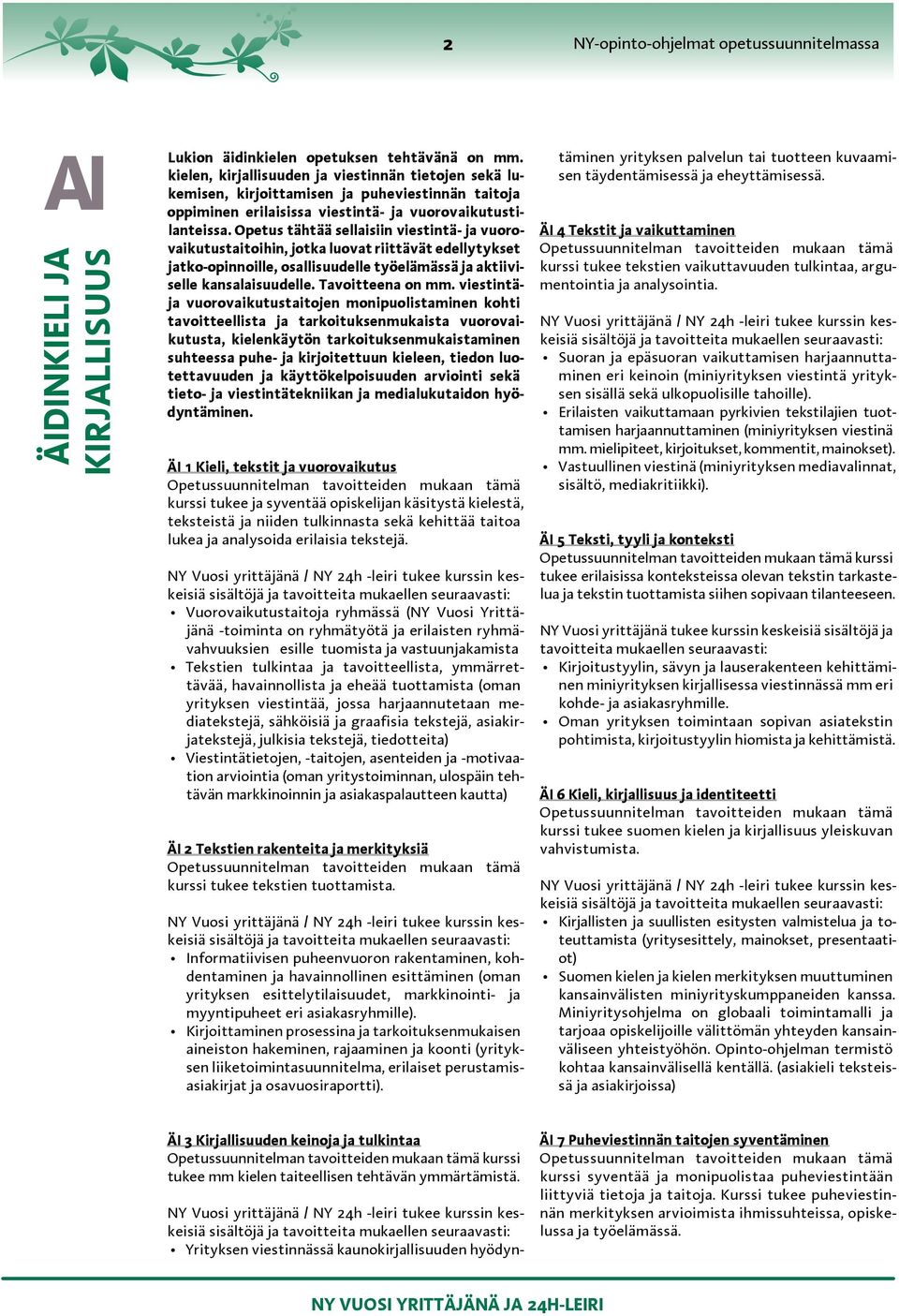 Opetus tähtää sellaisiin viestintä- ja vuorovaikutustaitoihin, jotka luovat riittävät edellytykset jatko-opinnoille, osallisuudelle työelämässä ja aktiiviselle kansalaisuudelle. Tavoitteena on mm.