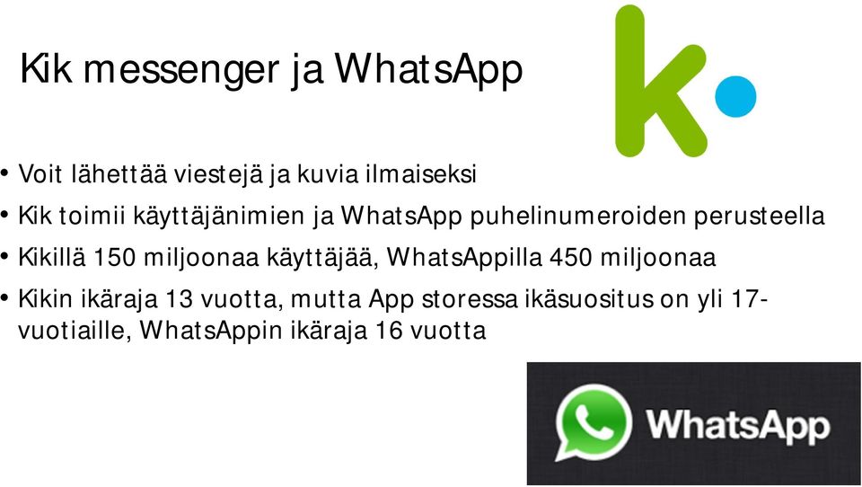 miljoonaa käyttäjää, WhatsAppilla 450 miljoonaa Kikin ikäraja 13 vuotta,