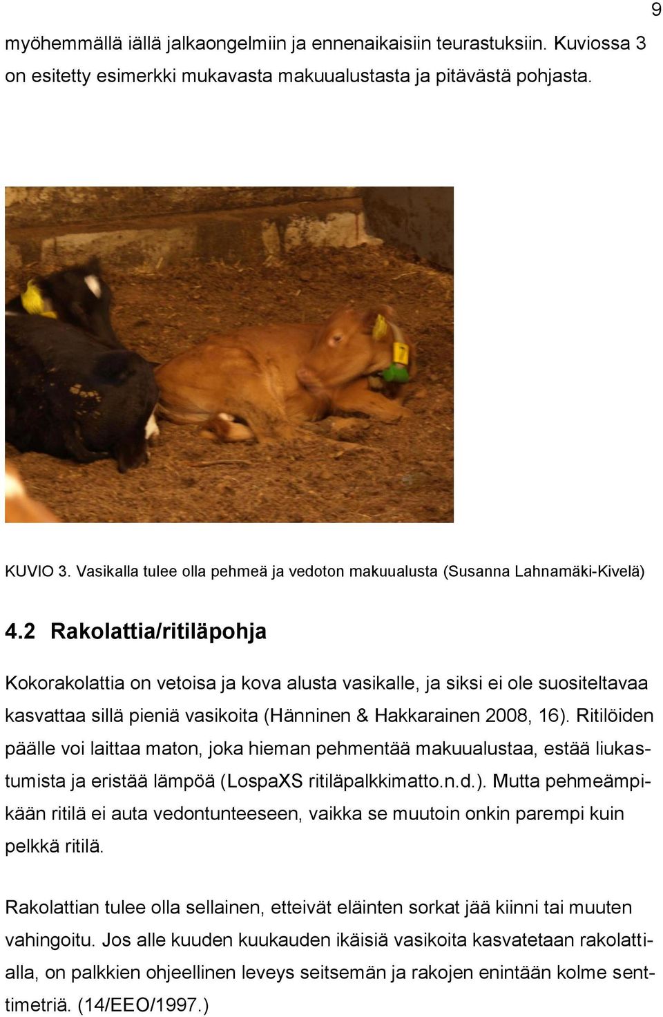 2 Rakolattia/ritiläpohja Kokorakolattia on vetoisa ja kova alusta vasikalle, ja siksi ei ole suositeltavaa kasvattaa sillä pieniä vasikoita (Hänninen & Hakkarainen 2008, 16).