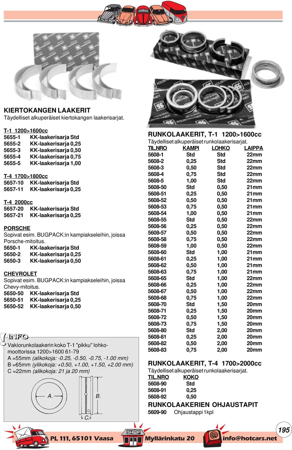 5657-11 KK-laakerisarja 0,25 T-4 2000cc 5657-20 KK-laakerisarja Std 5657-21 KK-laakerisarja 0,25 PORSCHE Sopivat esim. BUGPACK:in kampiakseleihin, joissa Porsche-mitoitus.