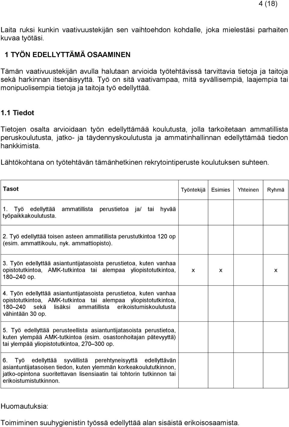 Työ on sitä vaativampaa, mitä syvällisempiä, laajempia tai monipuolisempia tietoja ja taitoja työ edellyttää. 1.