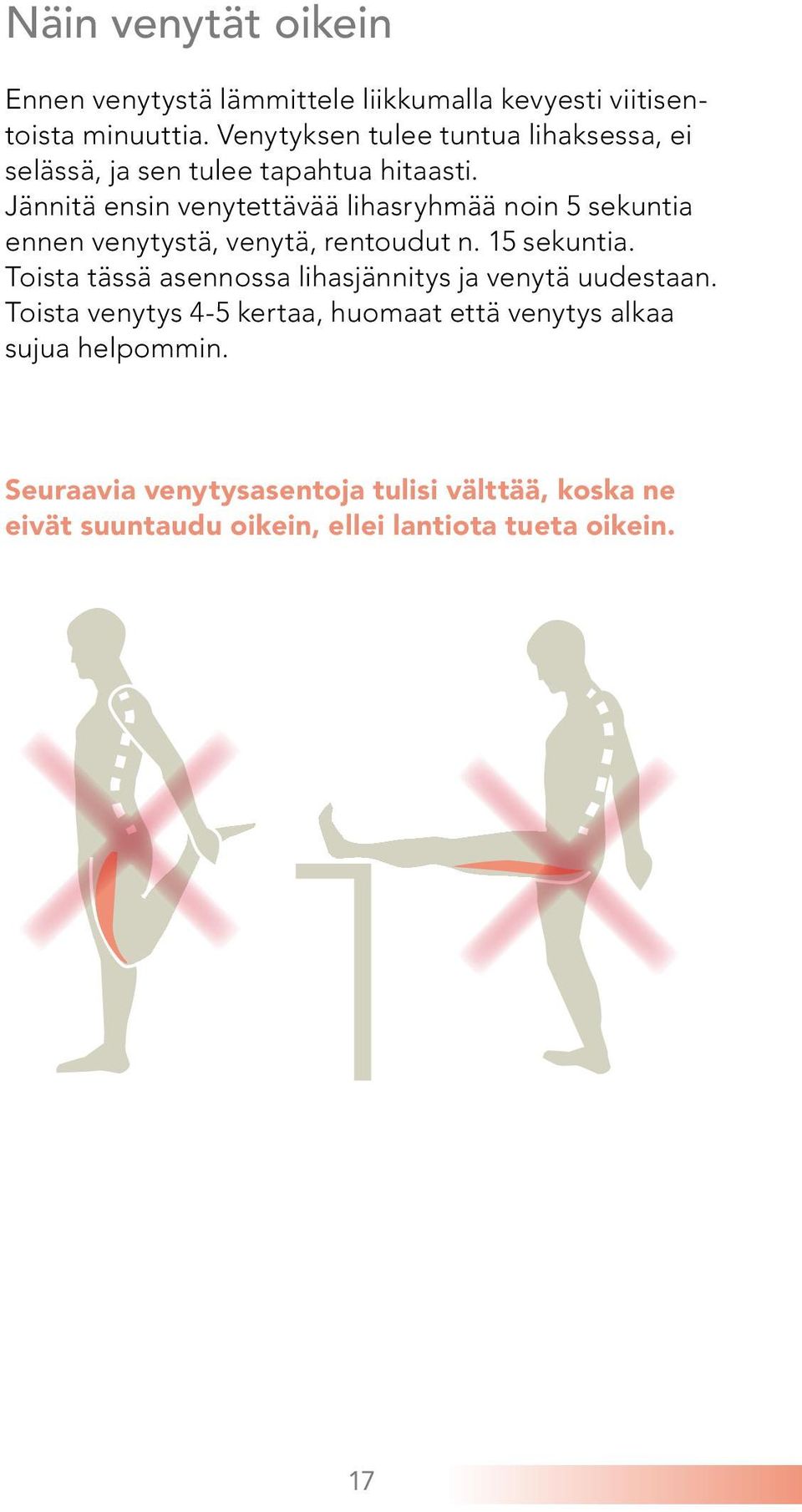 Jännitä ensin venytettävää lihasryhmää noin 5 sekuntia ennen venytystä, venytä, rentoudut n. 15 sekuntia.