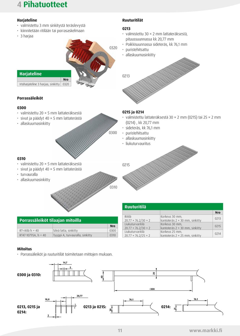 sivut ja päädyt 40 5 mm lattaterästä allaskuumasinkitty 0300 0215 ja 0214 valmistettu lattateräksestä 30 2 mm (0215) tai 25 2 mm (0214), kk 20,77 mm sideteräs, kk 76,1 mm puristehitsattu