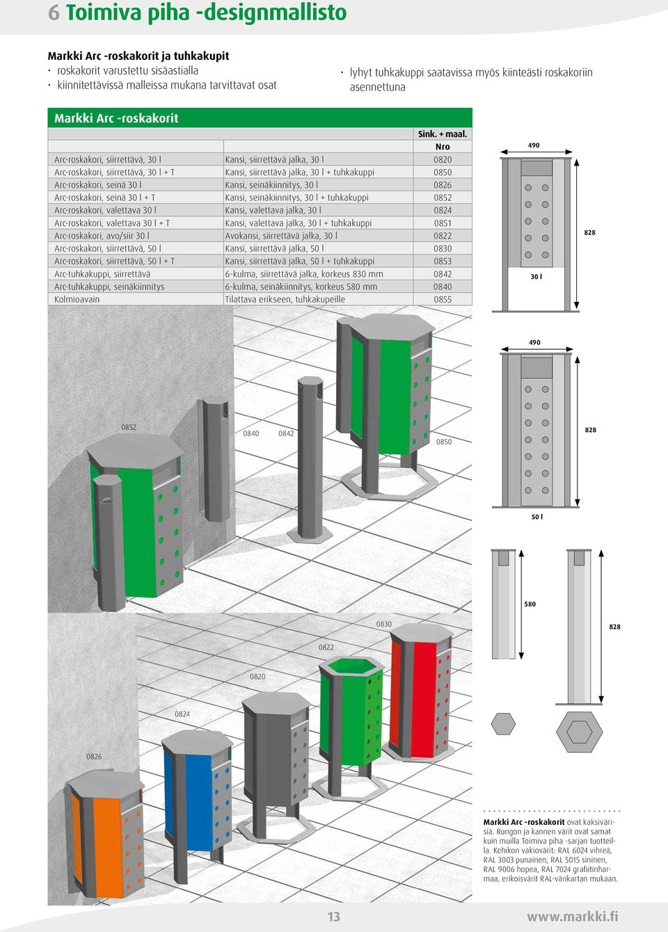 Arc-roskakori, siirrettävä, 30 l Kansi, siirrettävä jalka, 30 l 0820 Arc-roskakori, siirrettävä, 30 l + T Kansi, siirrettävä jalka, 30 l + tuhkakuppi 0850 Arc-roskakori, seinä 30 l Kansi,