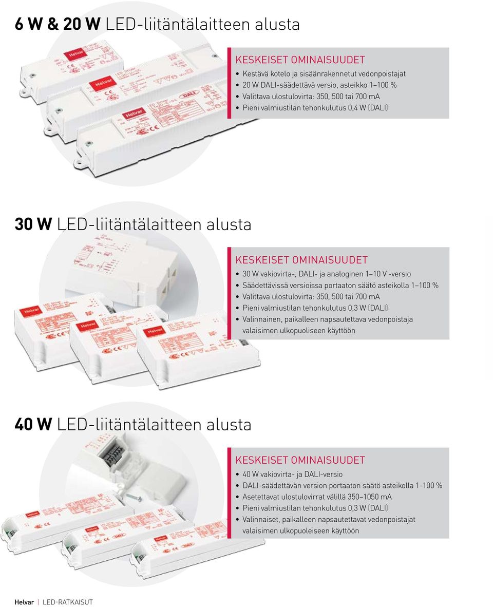 500 tai ma Pieni valmiustilan tehonkulutus 0,3 W (DALI) Valinnainen, paikalleen napsautettava vedonpoistaja valaisimen ulkopuoliseen käyttöön 40 W LED-liitäntälaitteen alusta 40 W vakiovirta- ja