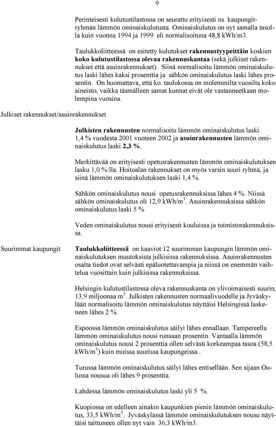 Taulukkoliitteessä on esitetty kulutukset rakennustyypeittäin koskien koko kulutustilastossa olevaa rakennuskantaa (sekä julkiset rakennukset että asuinrakennukset).