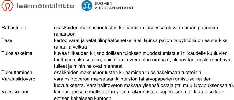 erotusta, eli näyttää, mistä rahat ovat tulleet ja mihin ne ovat menneet osakkaiden maksusuoritusten kirjaaminen tuloslaskelmaan tuottoihin varainsiirtoveroa maksetaan kiinteistön tai arvopaperien