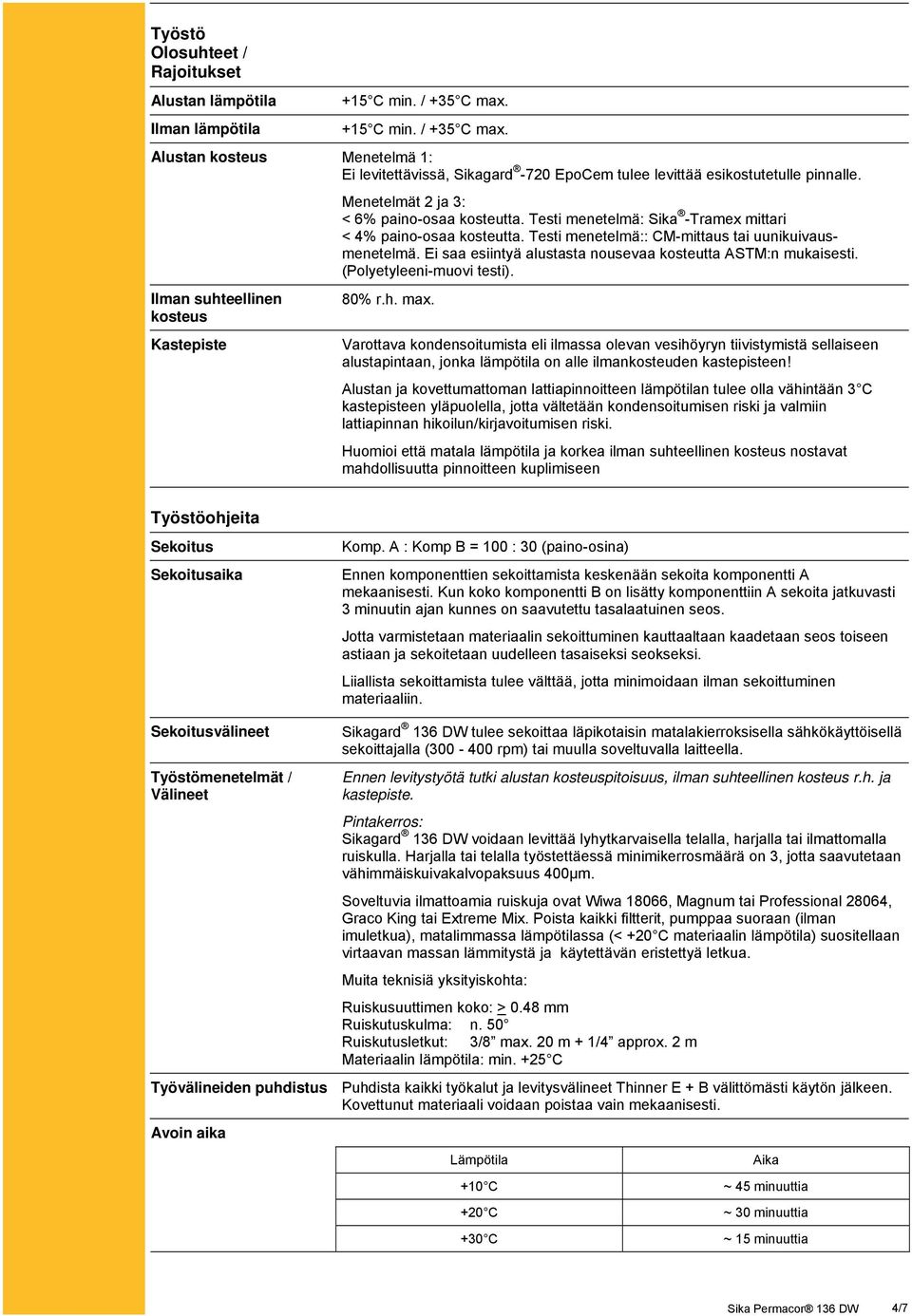 Ei saa esiintyä alustasta nousevaa kosteutta ASTM:n mukaisesti. (Polyetyleeni-muovi testi). Ilman suhteellinen kosteus Kastepiste 80% r.h. max.