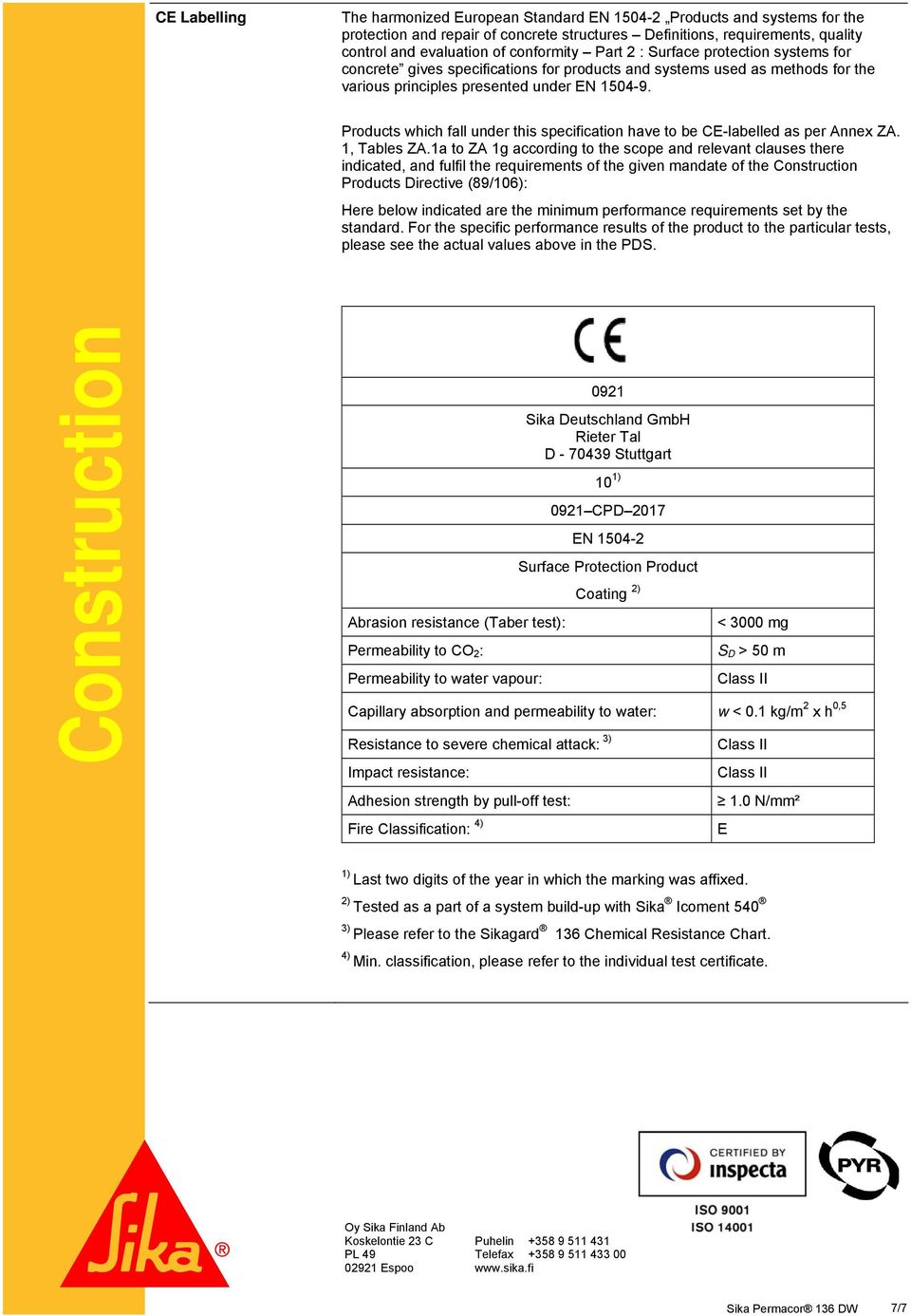 Products which fall under this specification have to be CE-labelled as per Annex ZA. 1, Tables ZA.