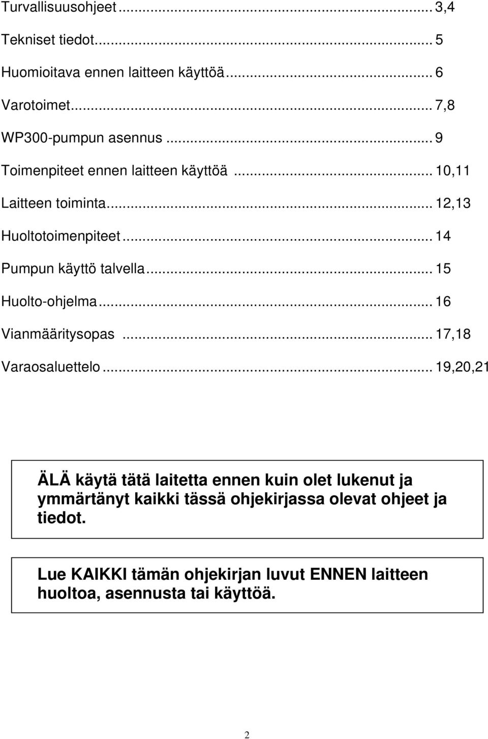 .. 15 Huolto-ohjelma... 16 Vianmääritysopas... 17,18 Varaosaluettelo.