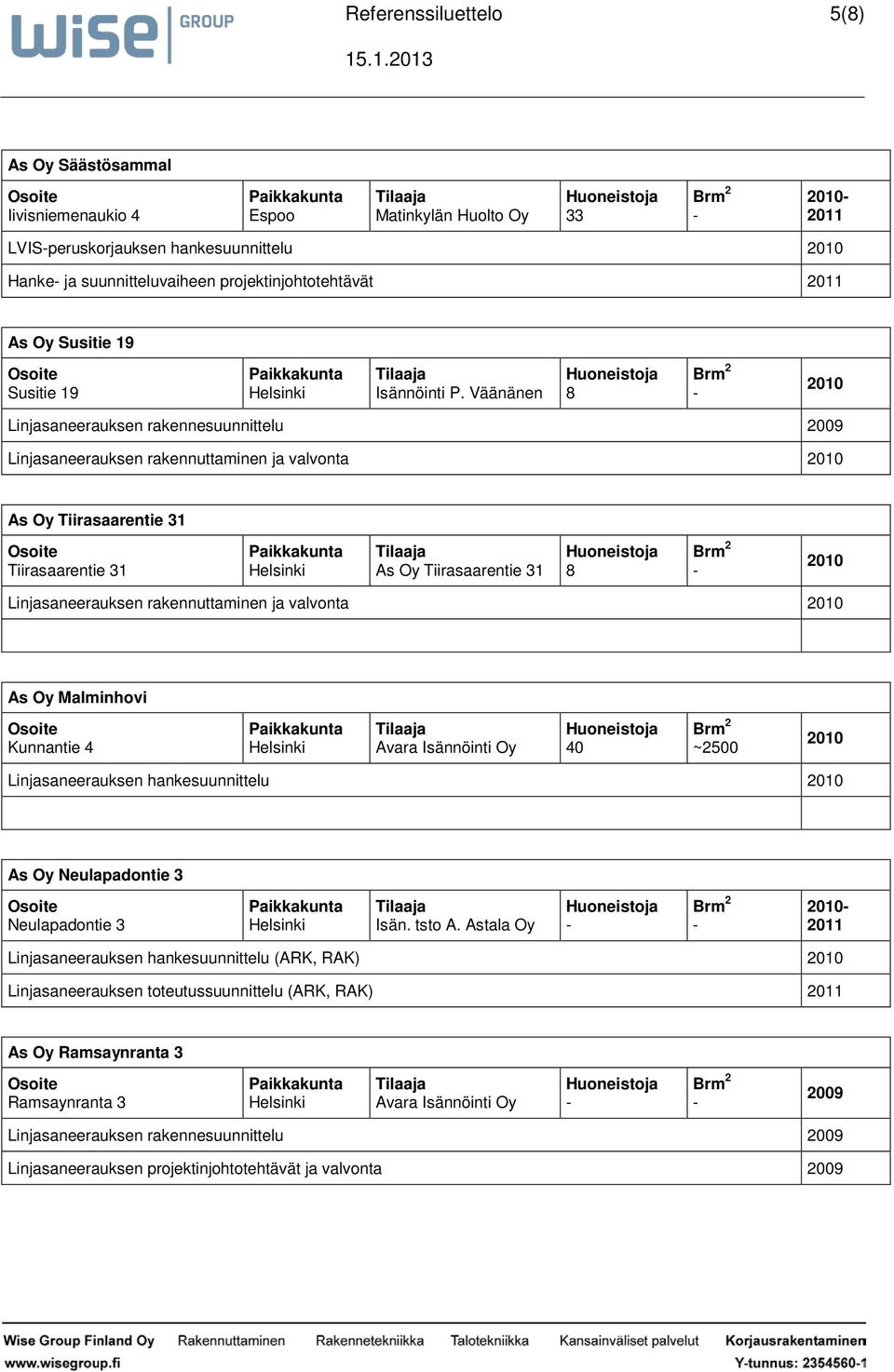 Väänänen 8 Linjasaneerauksen rakennuttaminen ja valvonta As Oy Tiirasaarentie 31 Tiirasaarentie 31 As Oy Tiirasaarentie 31 8 Linjasaneerauksen rakennuttaminen ja valvonta As Oy