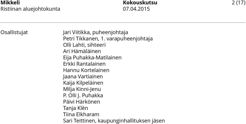 Rantalainen Hannu Kortelainen Jaana Vartiainen Kaija Kilpeläinen Milja Kinni-Jenu P.