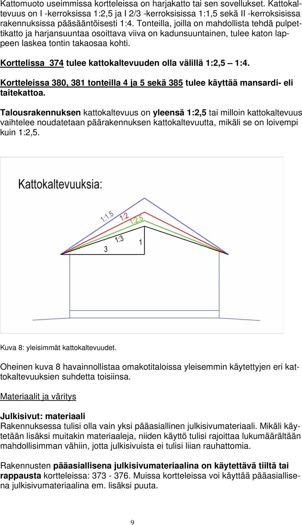 Korttelissa 7 tulee ktokaltevuuden olla välillä :,5 :. Kortteleissa 80, 8 tonteilla ja 5 sekä 85 tulee käyttää mansardi- eli taitektoa.