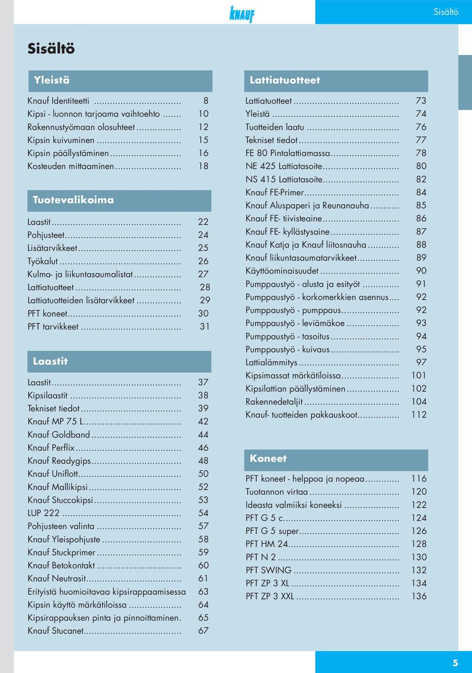 .. 30 PFT tarvikkeet... 31 Laastit Laastit... 37 Kipsilaastit... 38 Tekniset tiedot... 39 Knauf MP 75 L... 42 Knauf Goldband... 44 Knauf Perflix... 46 Knauf Readygips... 48 Knauf Uniflott.