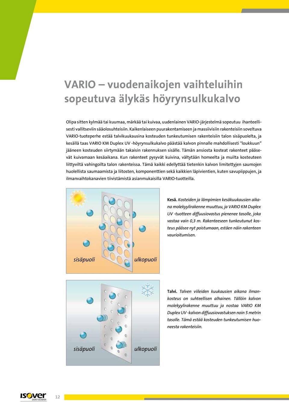 Kaikenlaiseen puurakentamiseen ja massiivisiin rakenteisiin soveltuva VARIO-tuoteperhe estää talvikuukausina kosteuden tunkeutumisen rakenteisiin talon sisäpuolelta, ja kesällä taas VARIO KM Duplex