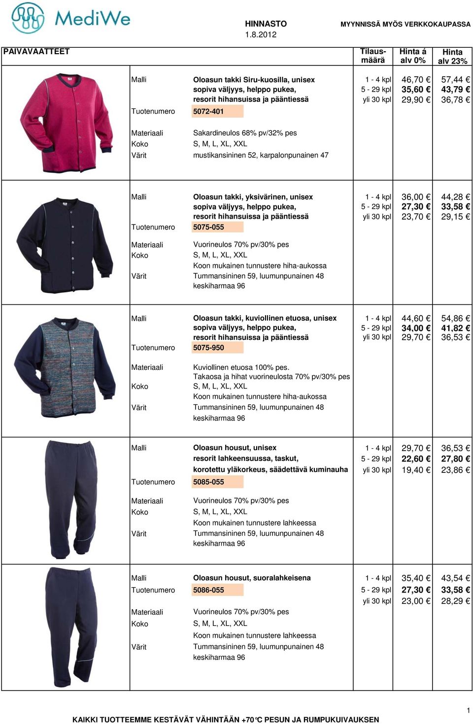 hihansuissa ja pääntiessä yli 30 kpl 23,70 29,15 Tuotenumero 5075-055 Vuorineulos 70% pv/30% pes Koon mukainen tunnustere hiha-aukossa Tummansininen 59, luumunpunainen 48 keskiharmaa 96 Malli Oloasun