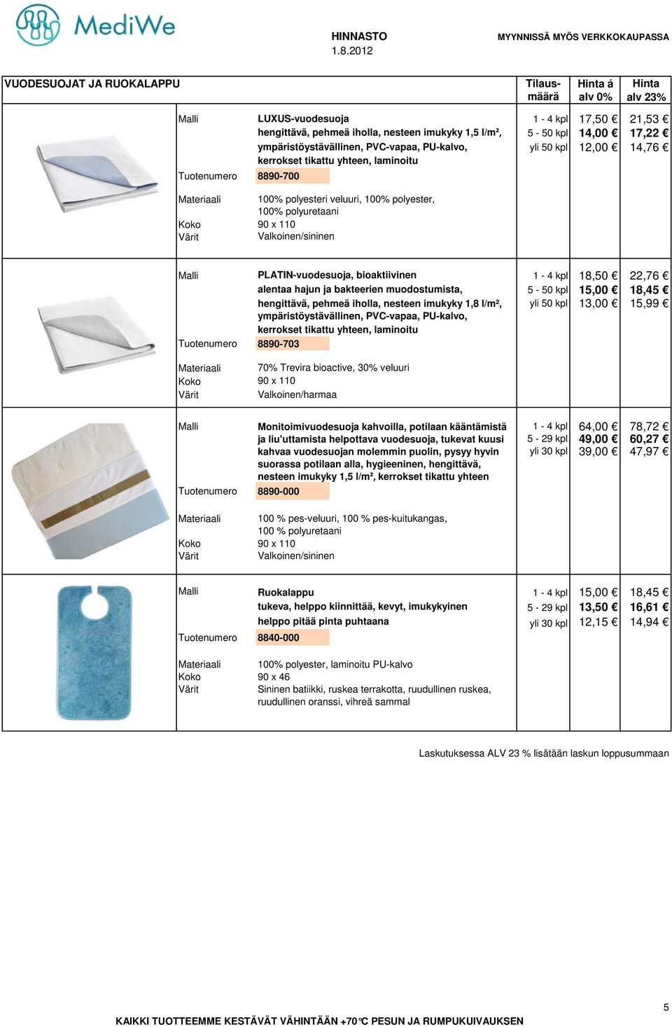 kpl 18,50 22,76 alentaa hajun ja bakteerien muodostumista, 5-50 kpl 15,00 18,45 hengittävä, pehmeä iholla, nesteen imukyky 1,8 l/m², yli 50 kpl 13,00 15,99 ympäristöystävällinen, PVC-vapaa, PU-kalvo,