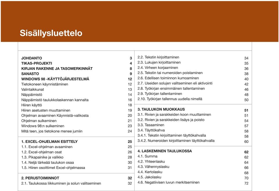 EXCEL-OHJELMAN ESITTELY 1.1. Excel-ohjelman avaaminen 1.2. Excel-ohjelman osat 1.3. Pikapainike ja valikko 1.4. Neljä tärkeää taulukon osaa 1.5. Hiiren osoittimet Excel-ohjelmassa 2. PERUSTOIMINNOT 2.