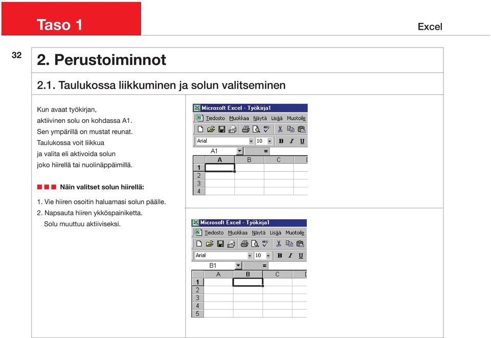 Taulukossa liikkuminen ja solun valitseminen Kun avaat työkirjan, aktiivinen solu on kohdassa A1.