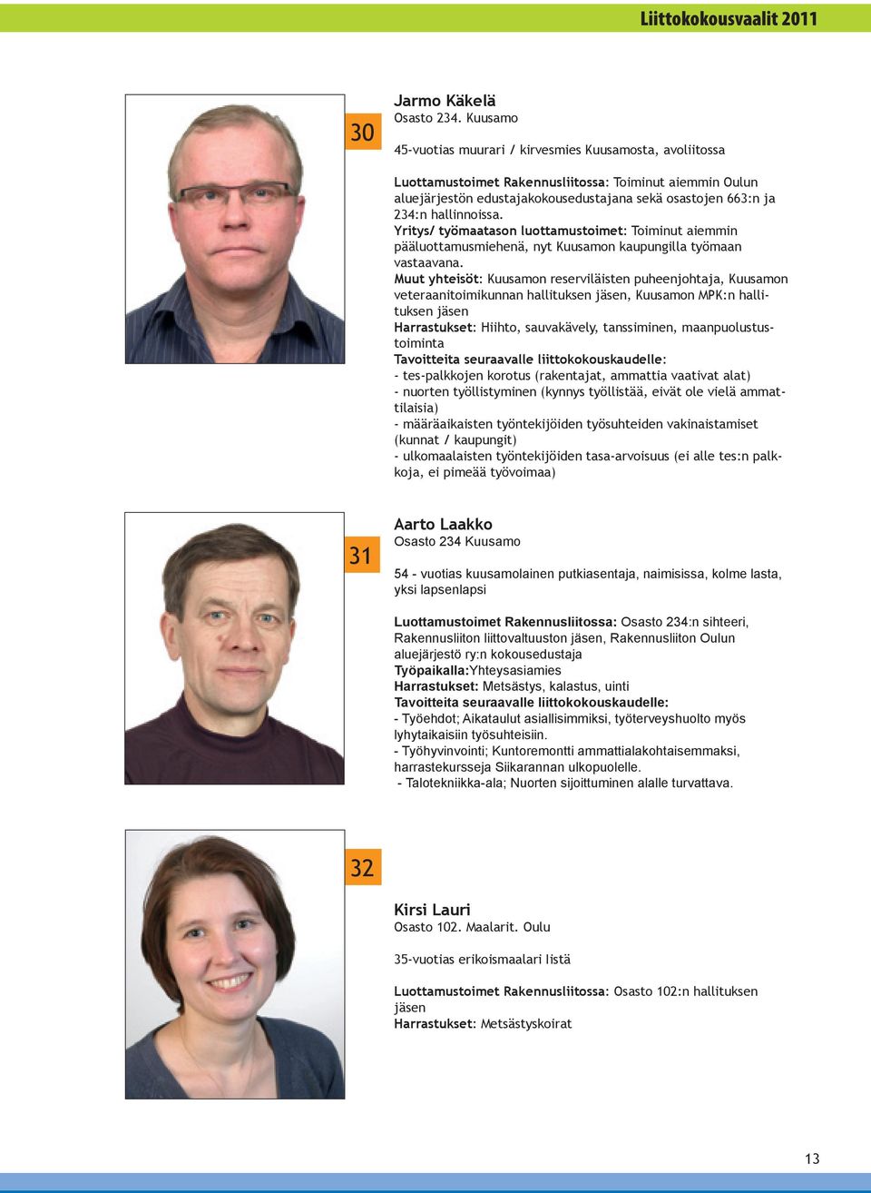 hallinnoissa. Yritys/ työmaatason luottamustoimet: Toiminut aiemmin pääluottamusmiehenä, nyt Kuusamon kaupungilla työmaan vastaavana.