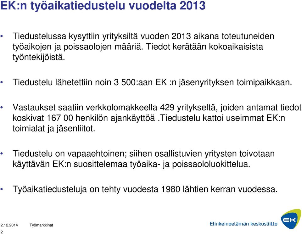 Vastaukset saatiin verkkolomakkeella 429 yritykseltä, joiden antamat tiedot koskivat 167 00 henkilön ajankäyttöä.