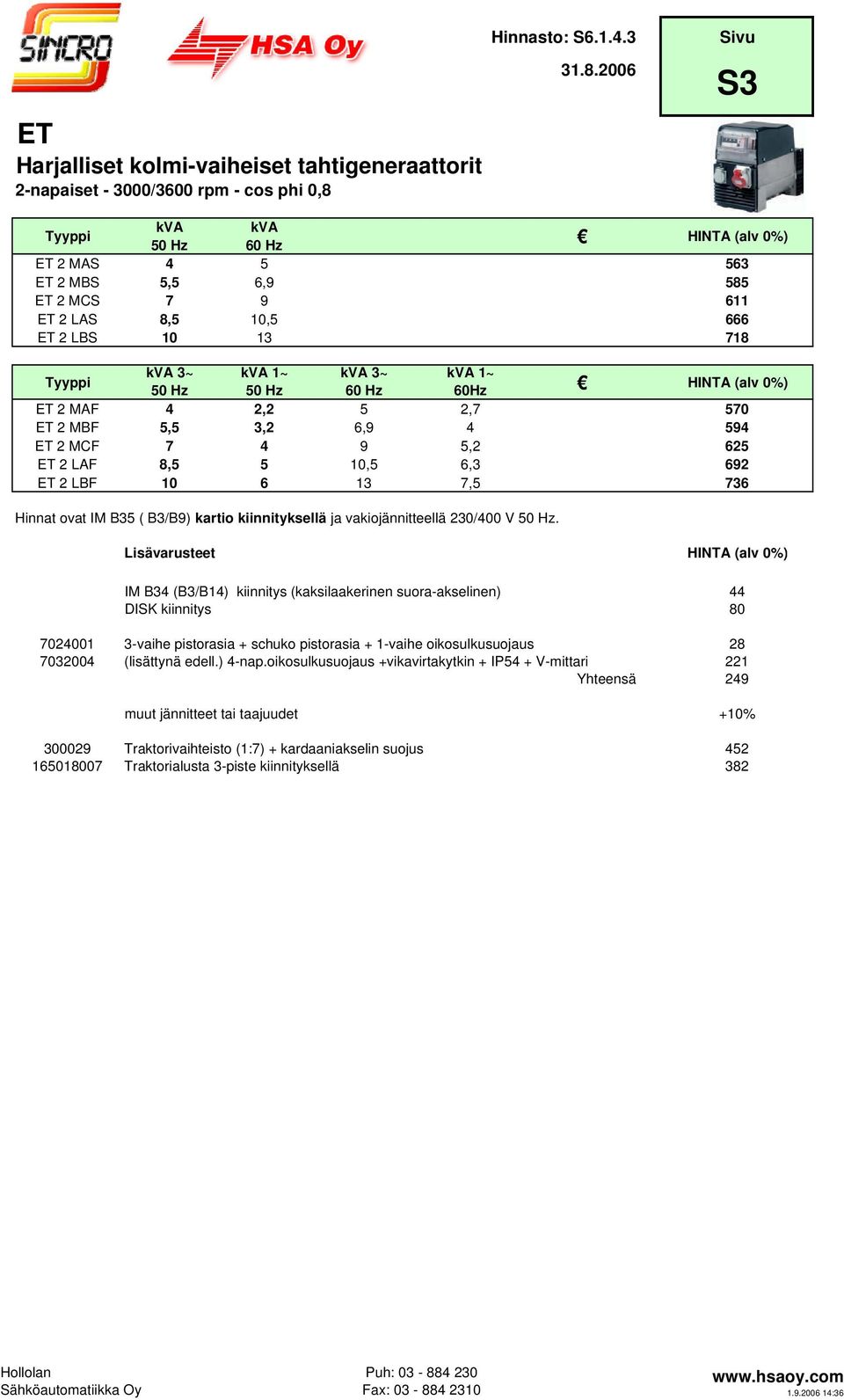 kiinnityksellä ja vakiojännitteellä 230/400 V 50 Hz.