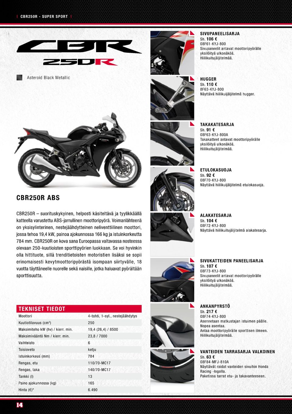 92 08F70-KYJ-800 Näyttävä hiilikuijäljitelmä etulokasuoja. CBR250R ABS CBR250R suorituskykyinen, helposti käsiteltävä ja tyylikkäällä katteella varustettu ABS-jarrullinen moottoripyörä.