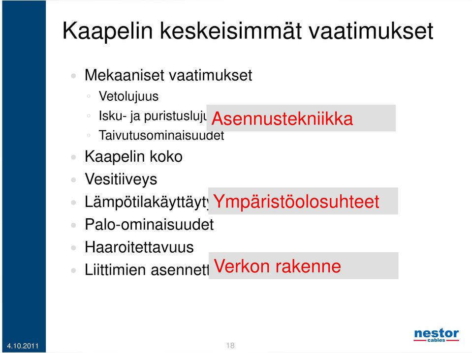 Lämpötilakäyttäytyminen Palo-ominaisuudet Haaroitettavuus Liittimien