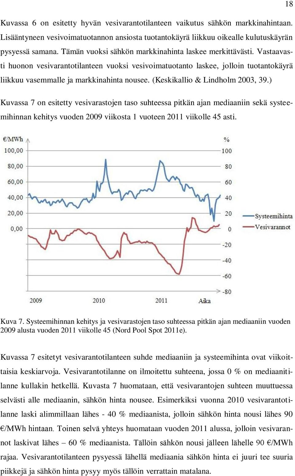 (Keskikallio & Lindholm 2003, 39.) Kuvassa 7 on esitetty vesivarastojen taso suhteessa pitkän ajan mediaaniin sekä systeemihinnan kehitys vuoden 2009 viikosta 1 vuoteen 2011 viikolle 45 asti. Kuva 7.