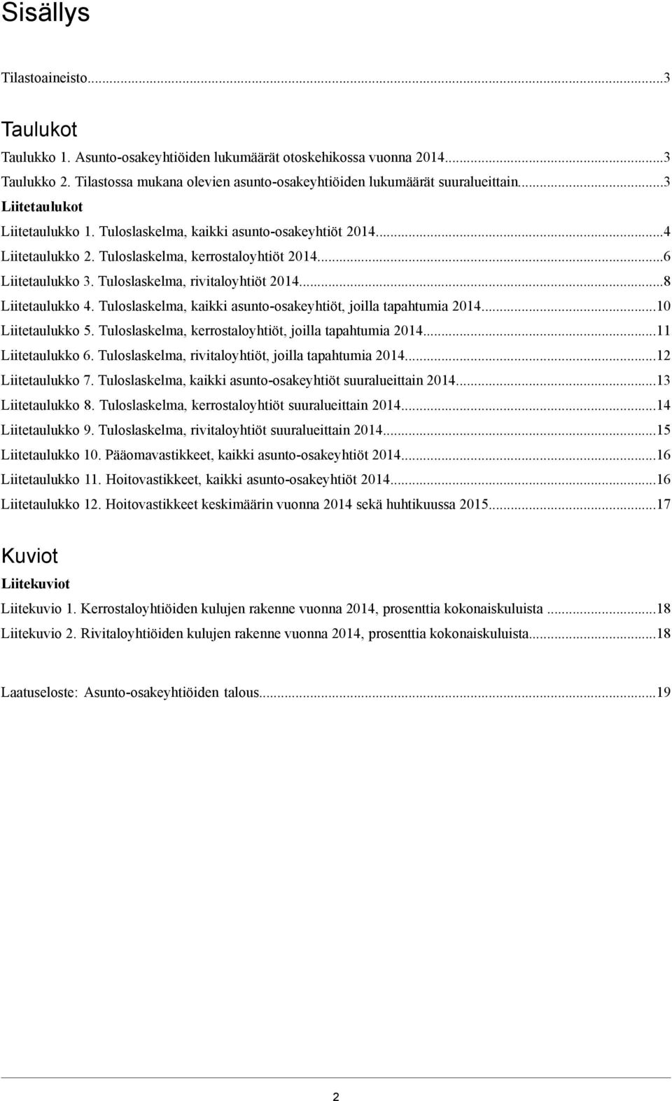 .. Liitetaulukko. Tuloslaskelma, kerrostaloyhtiöt, joilla tapahtumia... Liitetaulukko. Tuloslaskelma, rivitaloyhtiöt, joilla tapahtumia... Liitetaulukko. Tuloslaskelma, kaikki asuntoosakeyhtiöt suuralueittain.