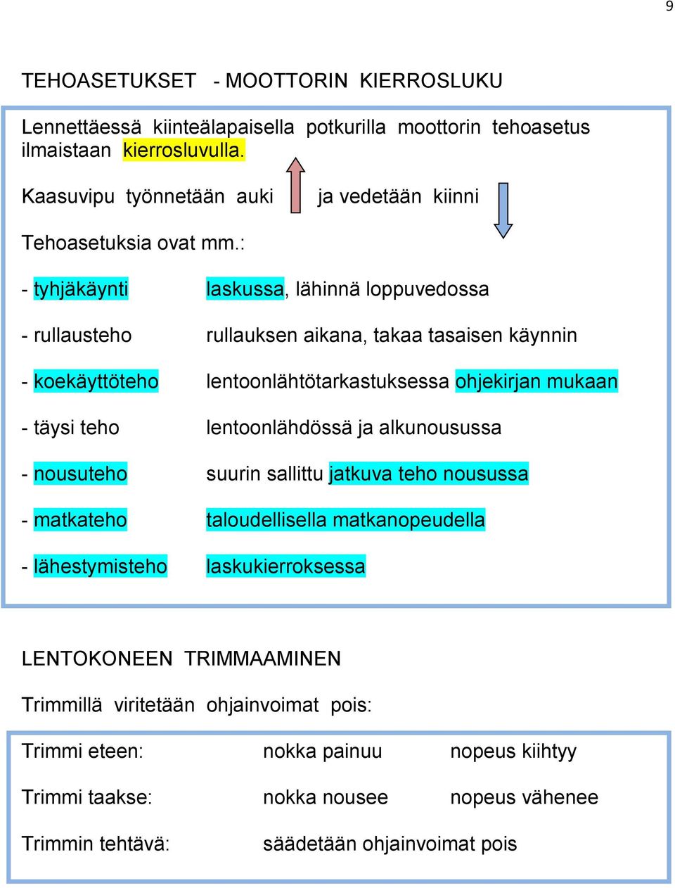 : - tyhjäkäynti laskussa, lähinnä loppuvedossa - rullausteho rullauksen aikana, takaa tasaisen käynnin - koekäyttöteho lentoonlähtötarkastuksessa ohjekirjan mukaan - täysi teho