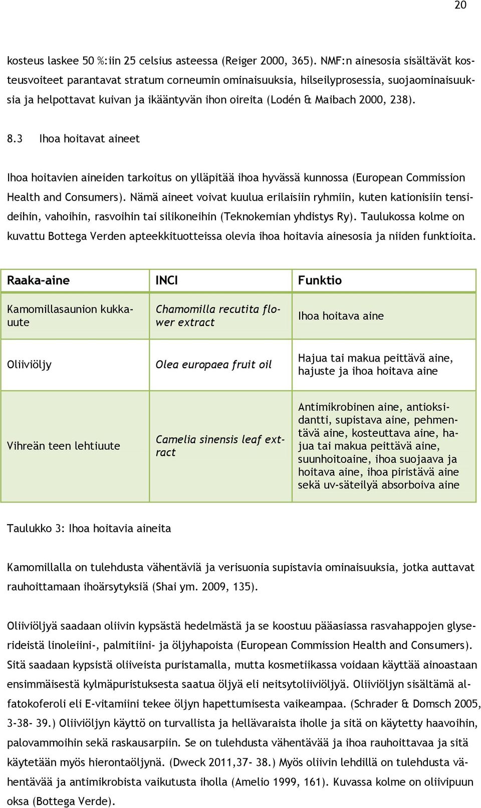 238). 8.3 Ihoa hoitavat aineet Ihoa hoitavien aineiden tarkoitus on ylläpitää ihoa hyvässä kunnossa (European Commission Health and Consumers).