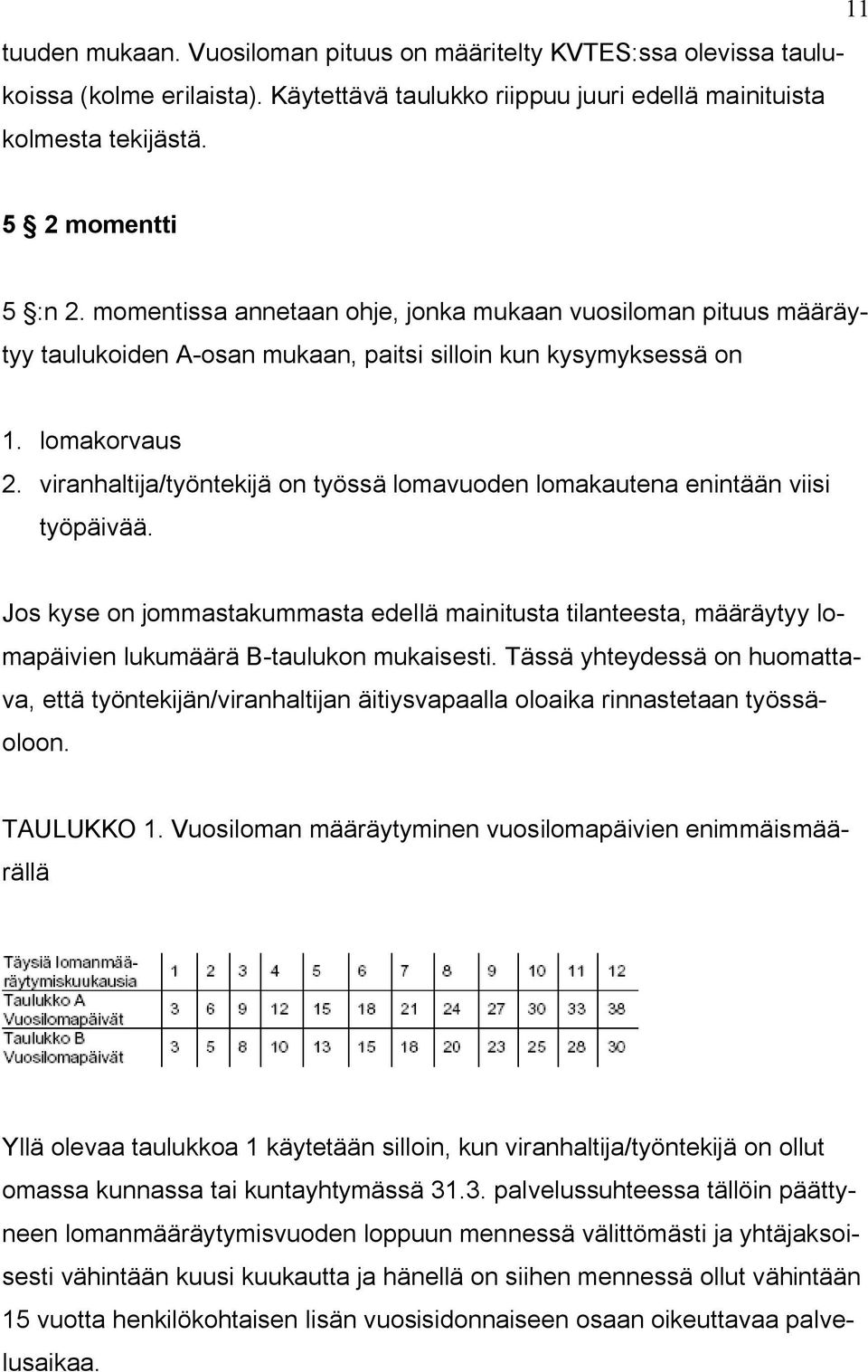 viranhaltija/työntekijä on työssä lomavuoden lomakautena enintään viisi työpäivää. Jos kyse on jommastakummasta edellä mainitusta tilanteesta, määräytyy lomapäivien lukumäärä B-taulukon mukaisesti.