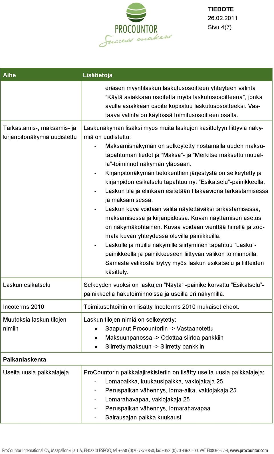 Tarkastamis-, maksamis- ja kirjanpitonäkymiä uudistettu Laskun esikatselu Incoterms 2010 Muutoksia laskun tilojen nimiin Laskunäkymän lisäksi myös muita laskujen käsittelyyn liittyviä näkymiä on
